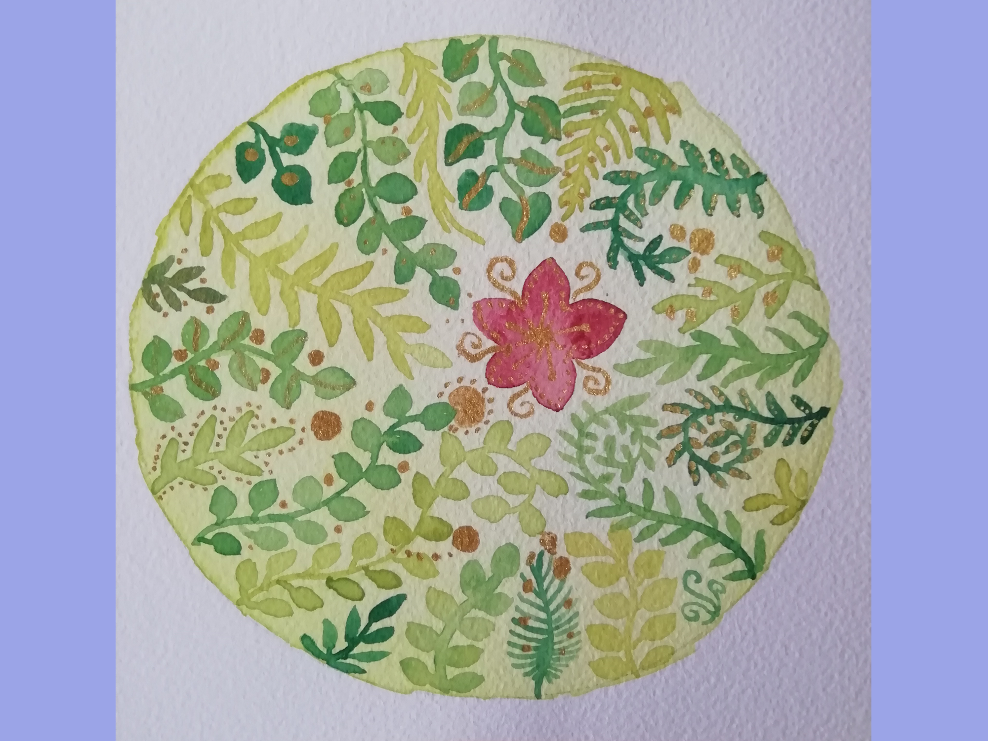 A green circle filled with watercolor leaves in dark green and gold, all pointing towards a vibrant red flower