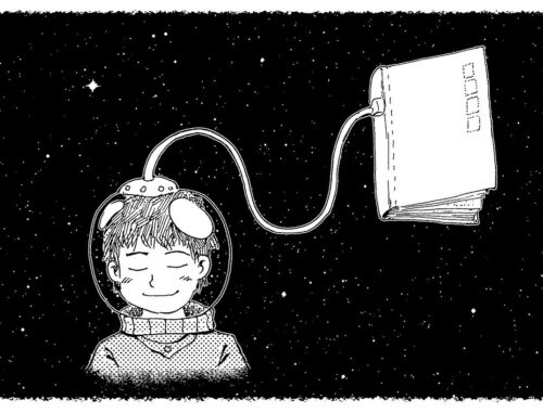 A black and white drawing of an astronaut smiling happily with closed eyes, with his scafander connected to a book by cable.