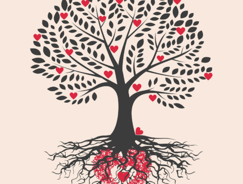 An image of a tree that has heart for leaves and in its roots, a big red heart is hiding.